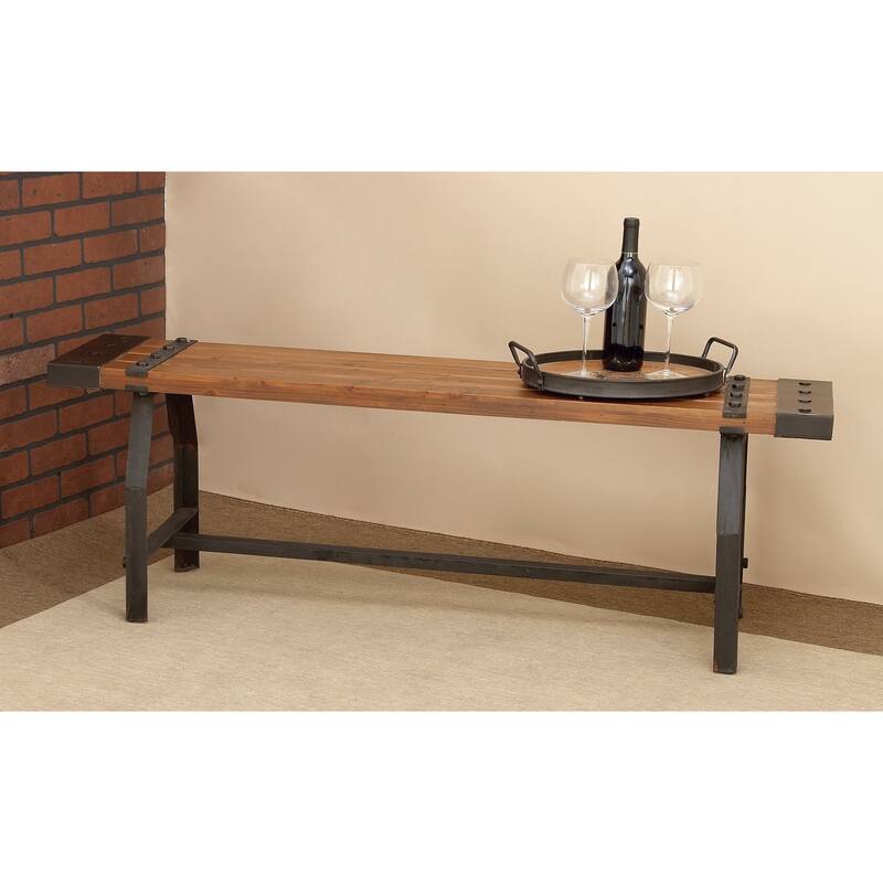 Brown Wood Bench with Black Metal Base and Studs - 55 x 13 x 18 - 55 x 13 x 18 - Brown