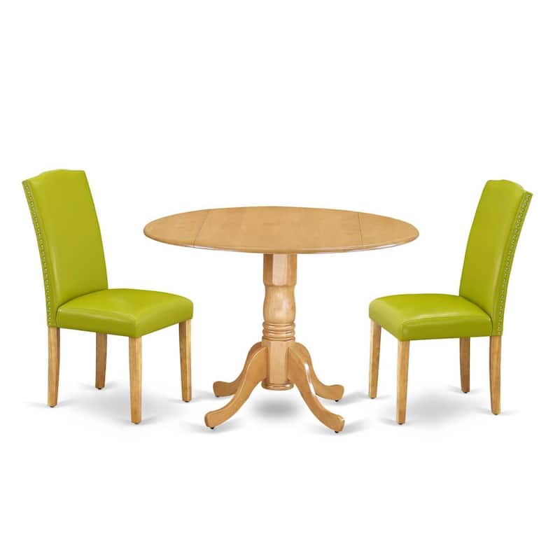 Round Kitchen Table Set 42 Inch Antique Dining Table w/ 2 Parsons Chairs, Green PU Leather