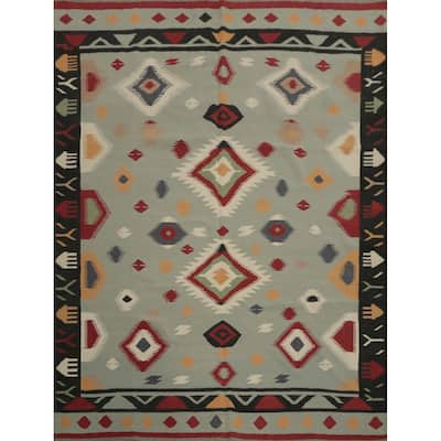 Hand Woven Oriental 100% Wool Carpet Southwestern Tribal Greys & Charcoal Kilim Area Rug - 10' 1'' X 8' 4''