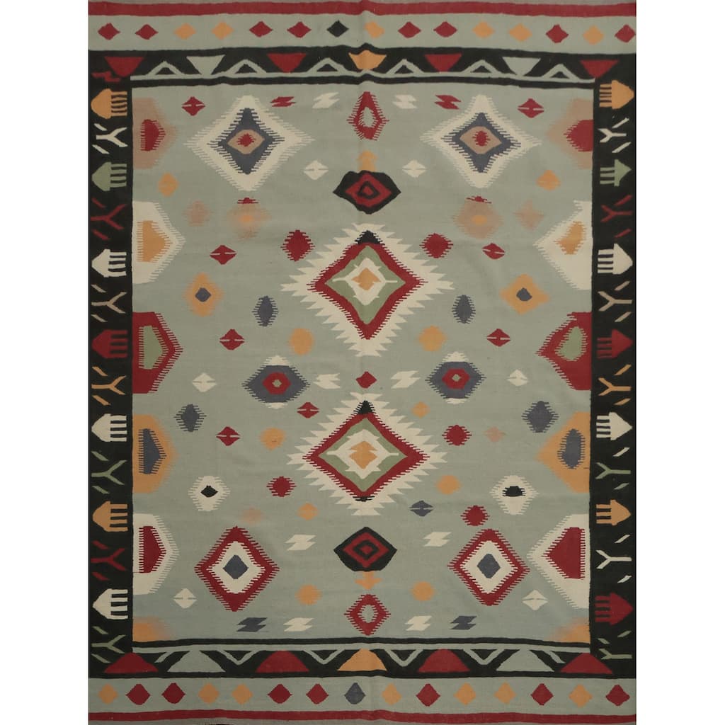 Hand Woven Oriental 100% Wool Carpet Southwestern Tribal Greys & Charcoal Kilim Area Rug - 10' 1'' X 8' 4''