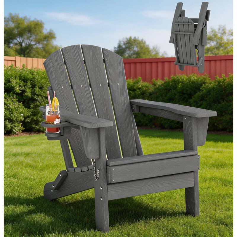 Folding Adirondack Chair, with Cup Holder - Grey