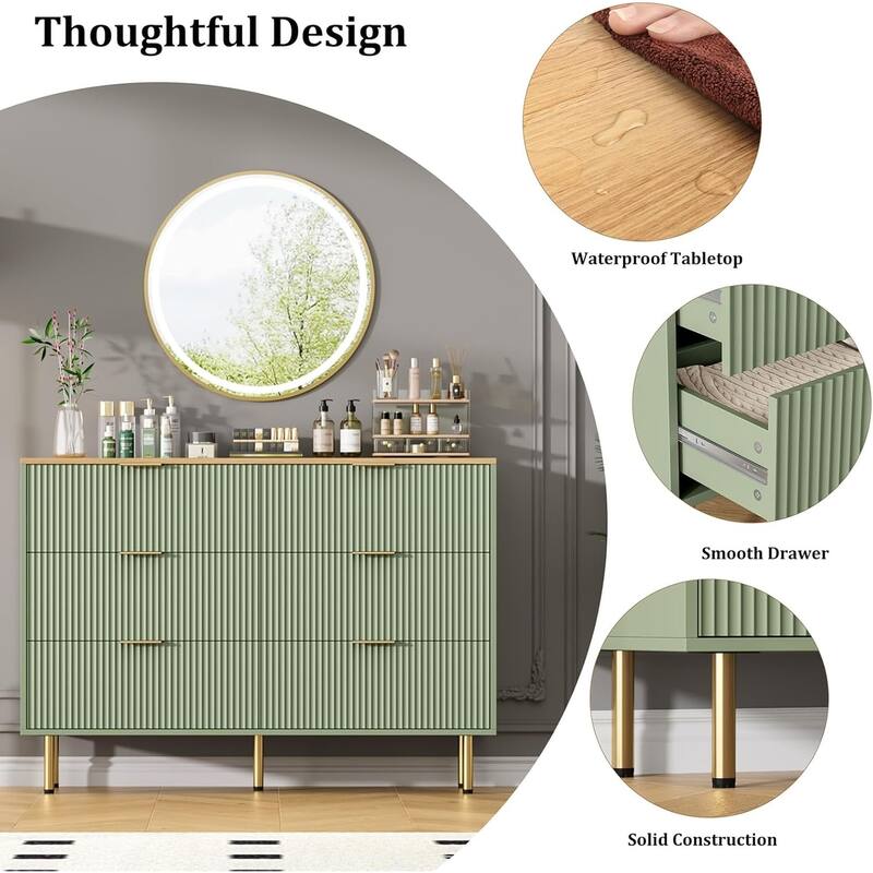 Fluted 6 Drawer Dresser for Bedroom, Large Chest with Gold Handle, Modern Wood Organizer for Living Room or Hallway