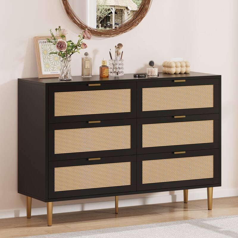 6 Drawer Rattan Dresser for Bedroom, Wide Double Dresser Chest of Drawers