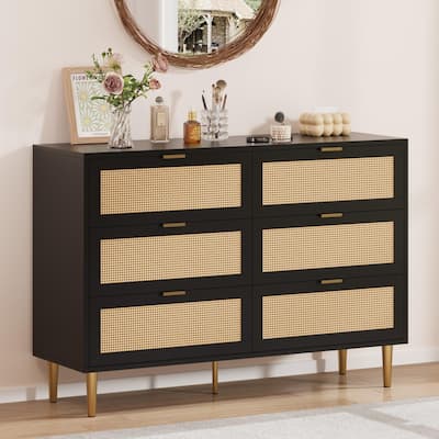 Rattan 5 Drawer Dresser, 44''Tall Narrow Chest of Drawer, Farmhouse Wooden Vertical Dresser with Metal Legs