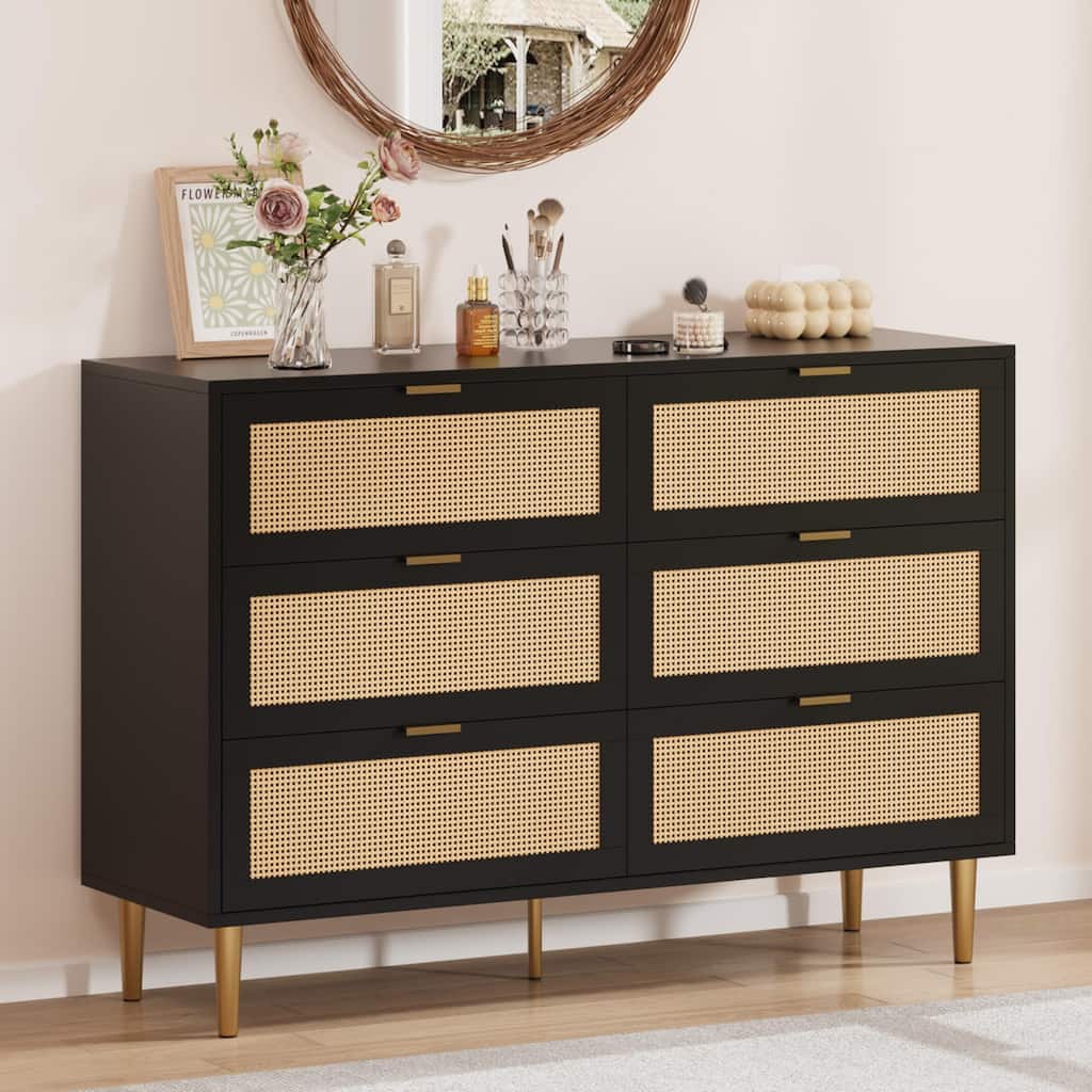 Rattan 5 Drawer Dresser, 44''Tall Narrow Chest of Drawer, Farmhouse Wooden Vertical Dresser with Metal Legs