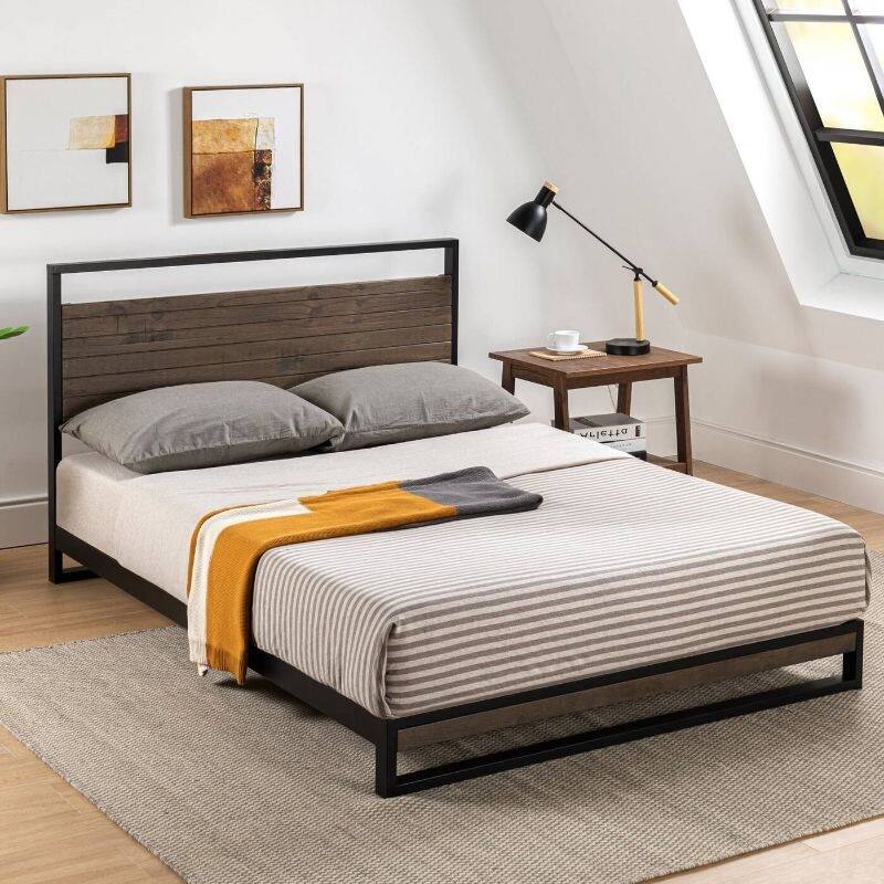 King size Modern Metal Wood Platform Bed Frame with Headboard in Gray
