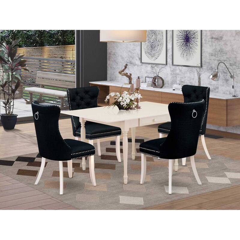5-Piece Linen White Finish Solid Wood Top - Rectangular Dining Room Set - Seats 4