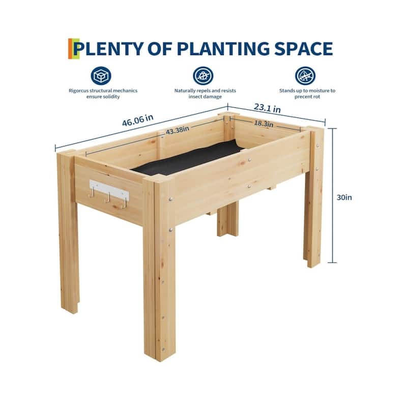 47x30x22 Inch Elevated Wooden Raised Garden Bed with Legs Outdoor Planter Box Stand with Hooks and Fabric Liner - W116xD57xH76cm