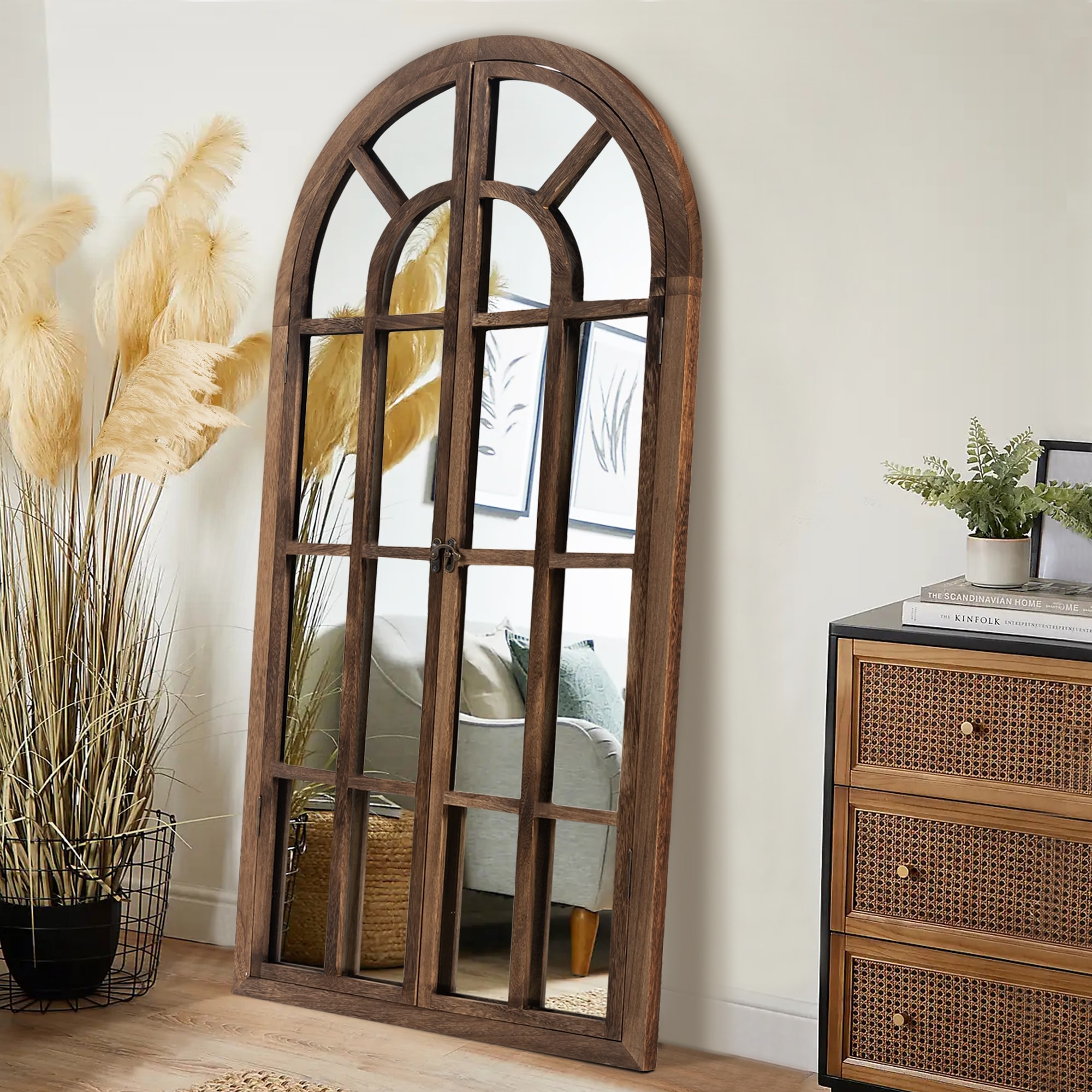 Rustic Wood Arched Window Wall Mirror - Distinctive Full Length Vanity Mirror