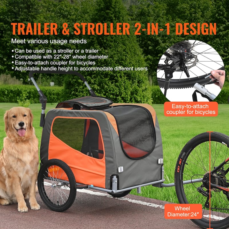 Dog Bike Trailer, 2-in-1 Pet Stroller Cart Bicycle Carrier, Easy Folding Cart Frame with Quick Release Wheels