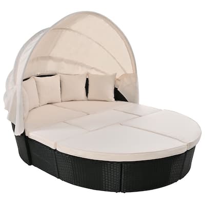 Outdoor Round Rattan Daybed Sunbed w/Retractable Canopy, Washable Cushions