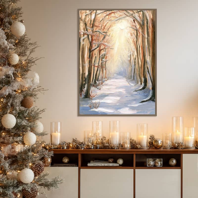 Path in Winter by Sandra Iafrate Framed Canvas Wall Art Print - Sylvie Dark Gold