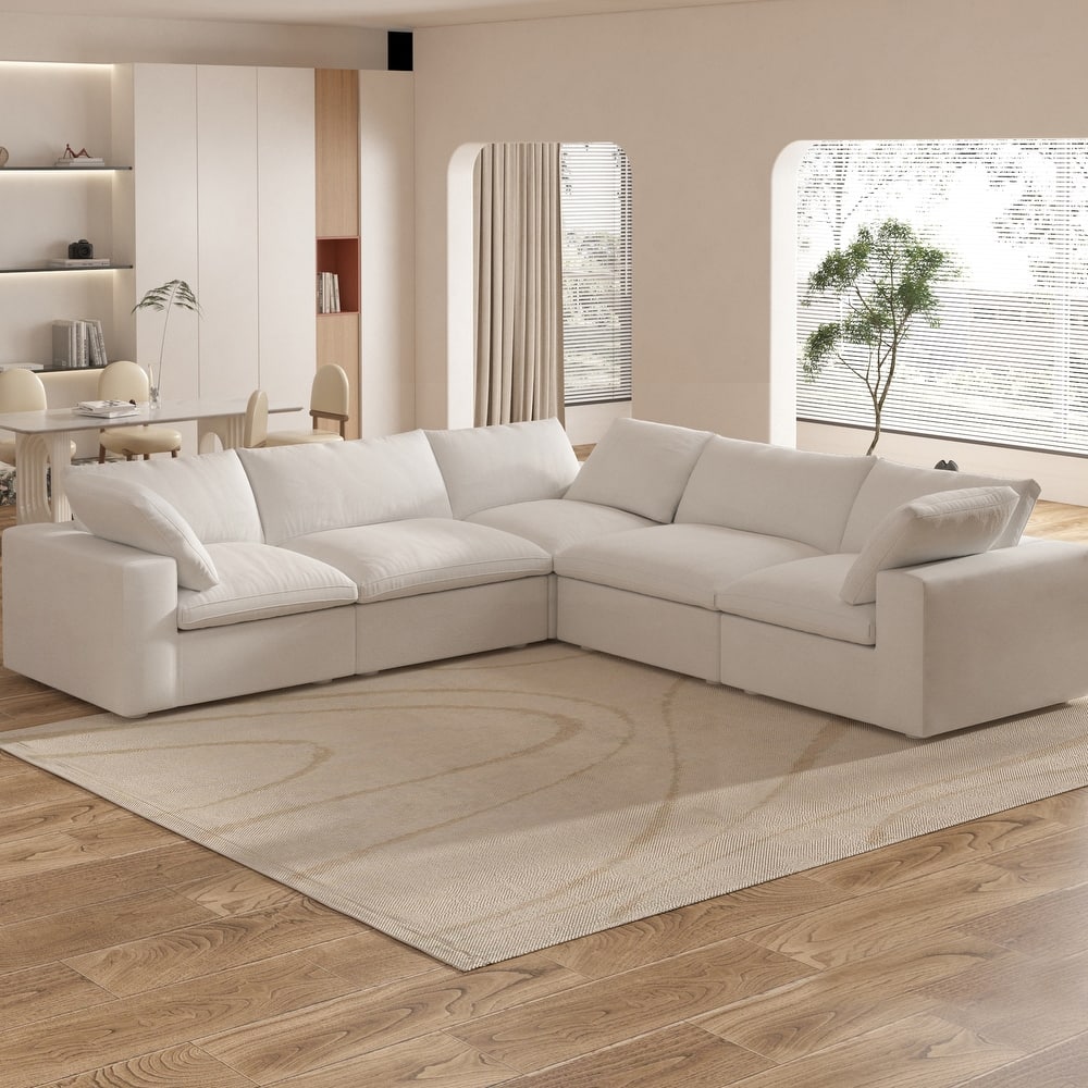 Large Down Filled Corner Sectional Sofa Couch with Ottoman for Living Room Set Linen Cloud Sectional Couches