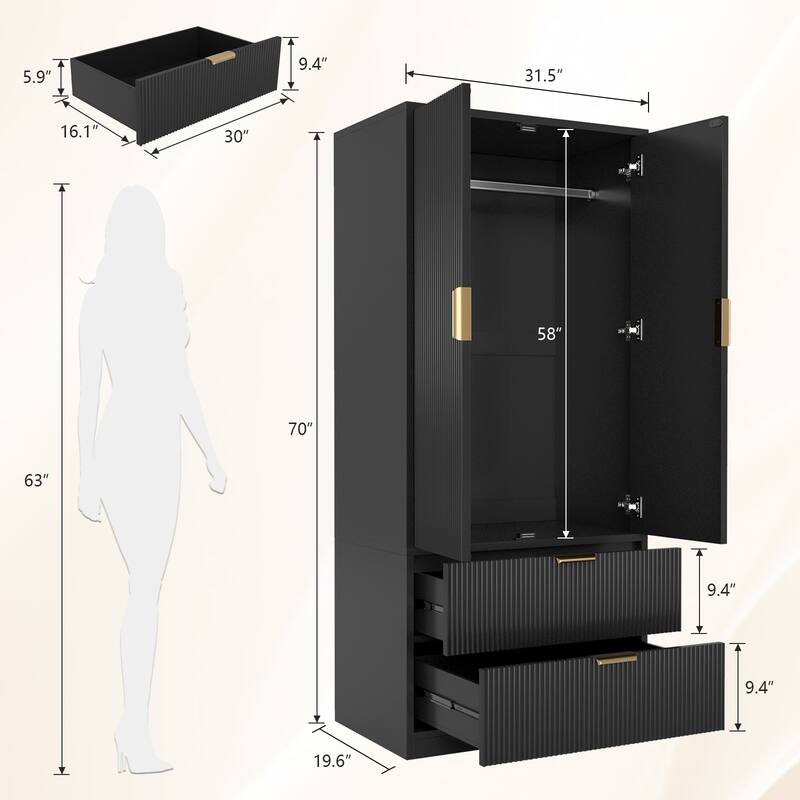 Gymojoy 2 Door Armoire Wardrobe Closet with Drawers, Modern Fluted Bedroom Storage Cabinet