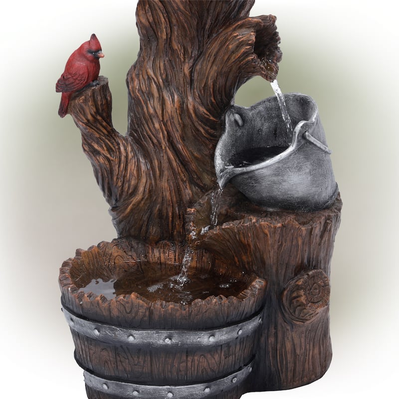 Alpine Corporation 32" Tall Outdoor Cascading Barrel Water Fountain and Cardinal Birdhouse Yard Decoration