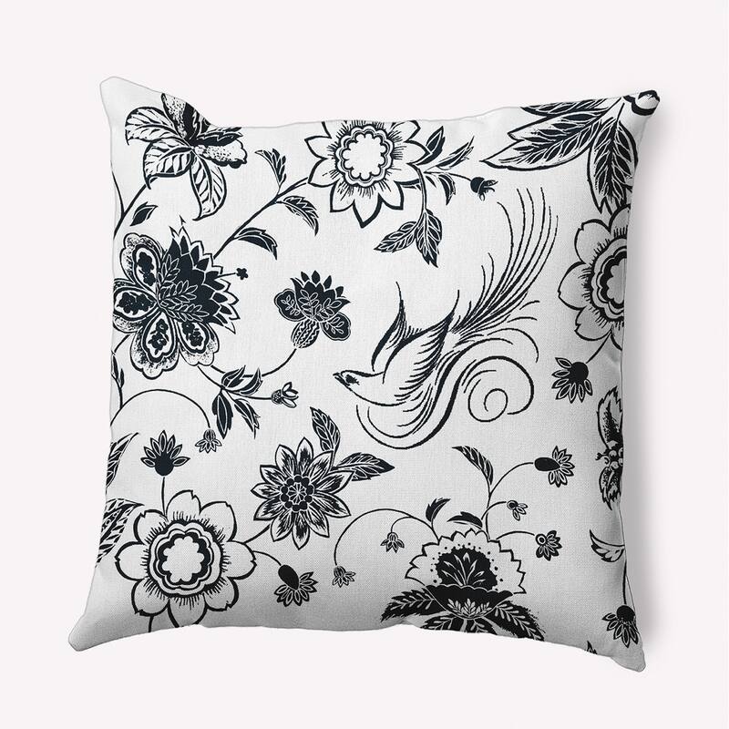 Traditional Bird Floral Indoor/Outdoor Throw Pillow - Black - 18" x 18"