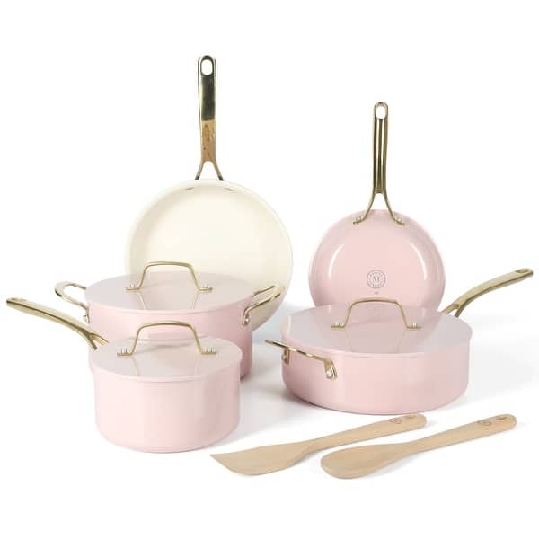Martha Stewart Galway Premium Nonstick PFA Free Ceramic Interior 10 Piece Heavy Gauge Enamel Aluminum Cookware Set - Pink
