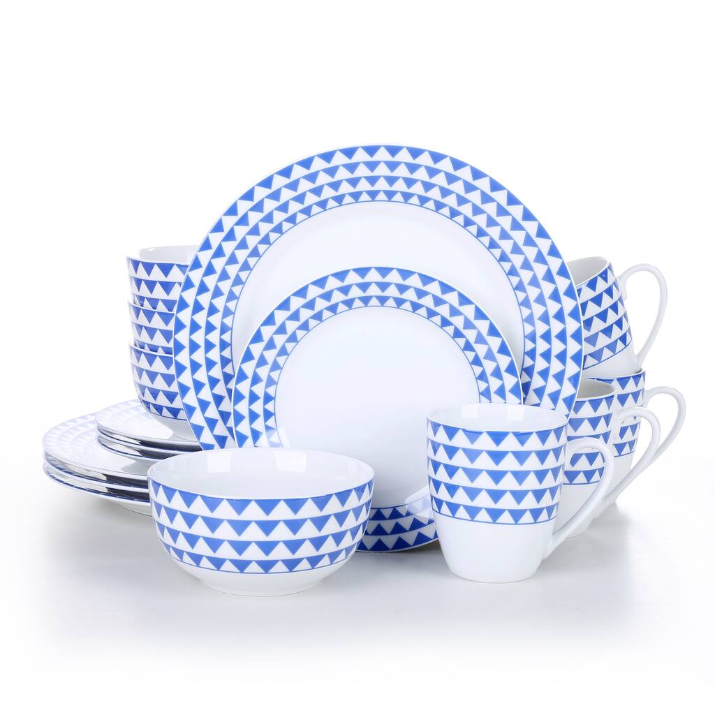 16- Piece Modern Blue Sawtooth Pattern White Porcelain Dinnerware Sets (Service for Set for 4)