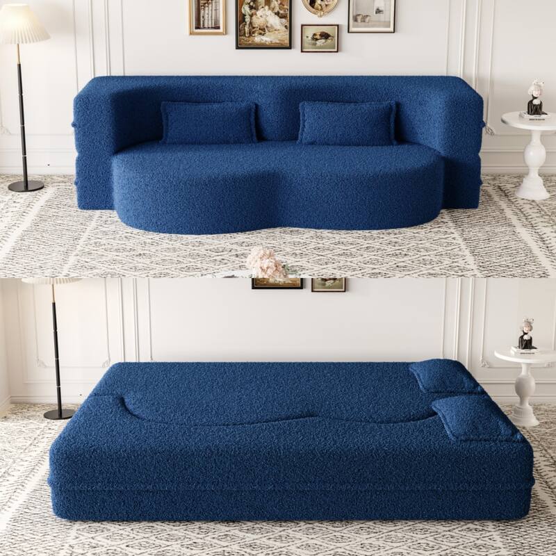 Modern Floor Sofa with 2 Pillows Foam-Filled Sleeper Sofa Bed - Blue