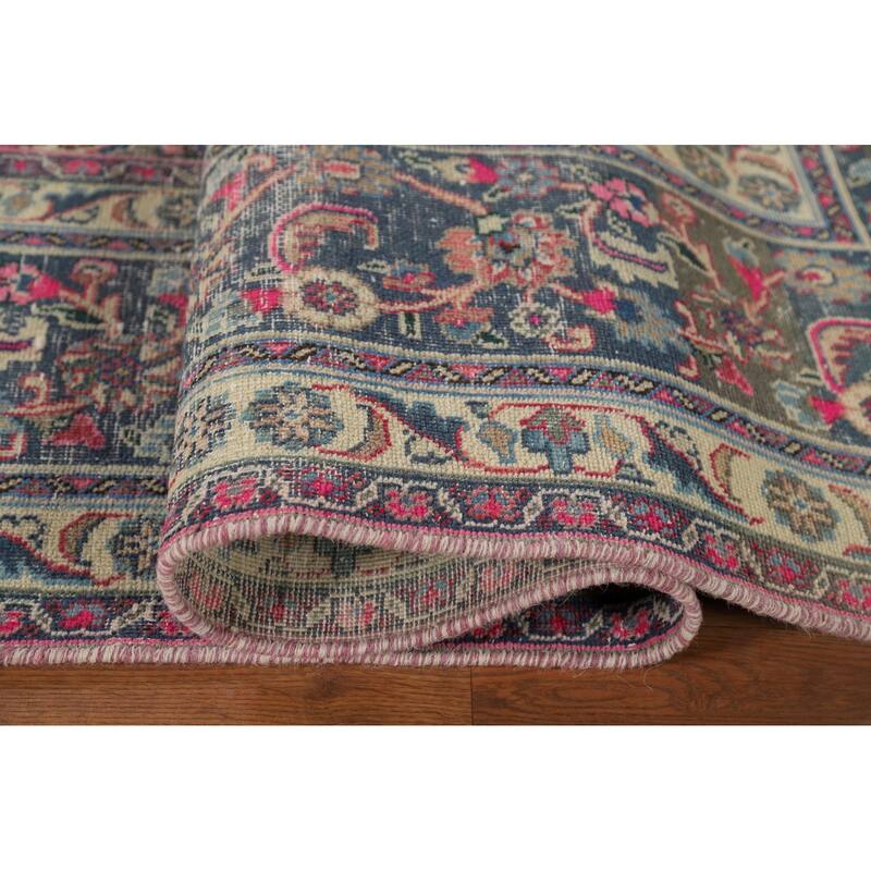 Distressed Mashad Persian Antique Area Rug Hand-Knotted Wool Carpet - 9'5" x 12'5"