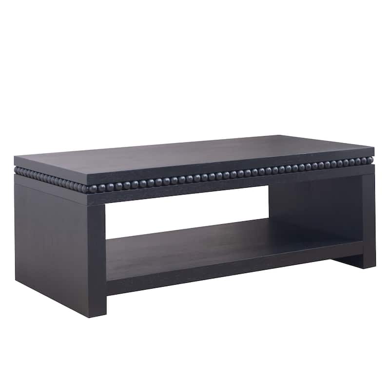Rectangular Wood Coffee Table with Beaded Trim and Open Storage Shelf