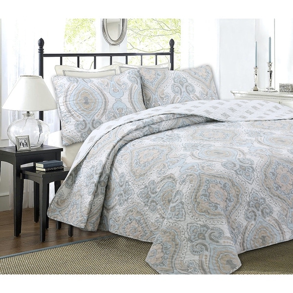 Cozy Line Modern Medallion Sky Blue Tan Gray Brocade Polyester Quilt Bedding Set Overstock 