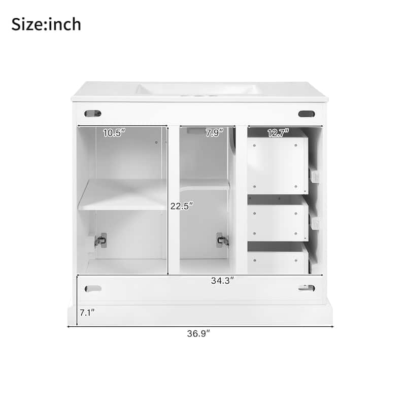 Anmytek 36 Inch Modern Bathroom Vanity with Ceramic Sink Soft Closing Door Adjustable Shelf and 3 Drawers