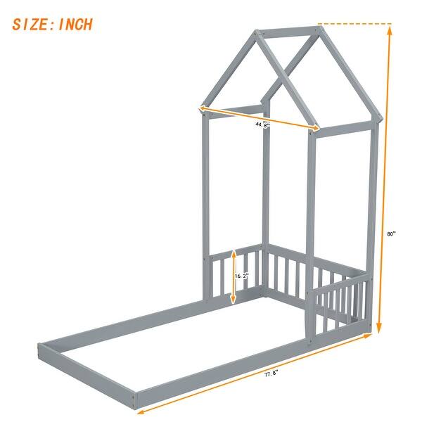 dimension image slide 0 of 3, Twin Size Pine Wood Roof-framed Headboard Floor Bed with Headboard Guardrails, without Slats