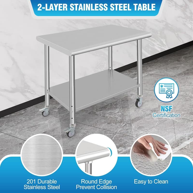 Stainless Steel Prep Table 36 x 24 Inch with 4 Wheels and Under Shelf