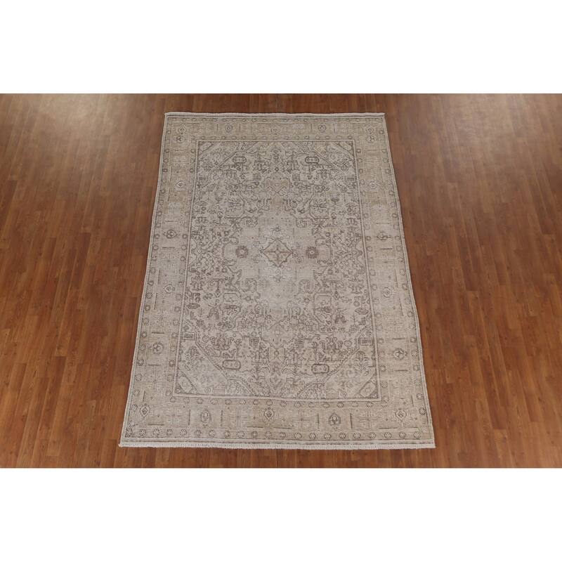 Distressed Geometric Tabriz Persian Antique Rug Handmade Wool Carpet - 6'4"x 9'5"