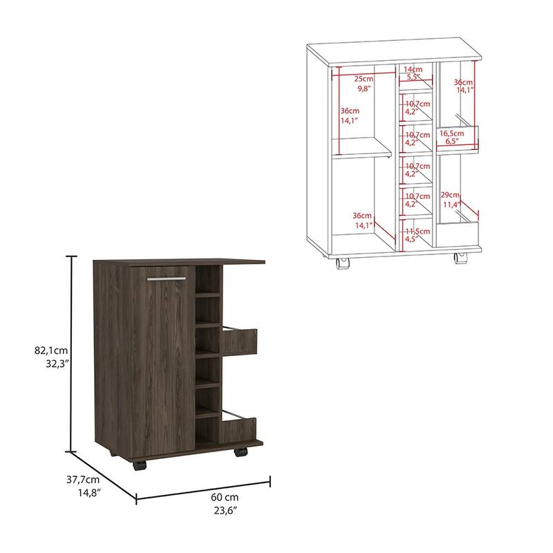 Bar Cart, Four Casters, Six Wine Cubbies, Single Door Cabinet