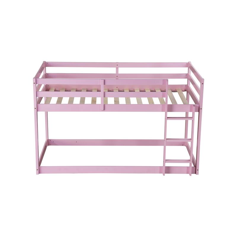 Pink Twin over Twin Solid Rubber Wood Bunk Bed with Ladder and Strengthened Slats