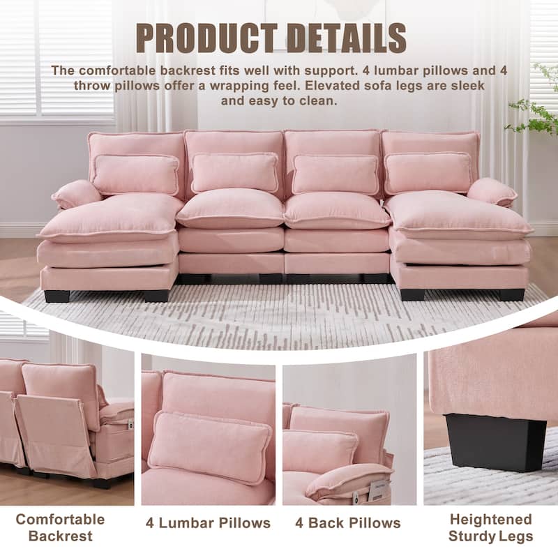 HOMEFUN Chenille Upholstered U-Shaped Modular Wood Frame Sleeper Sectional Sofa with Double Chaise