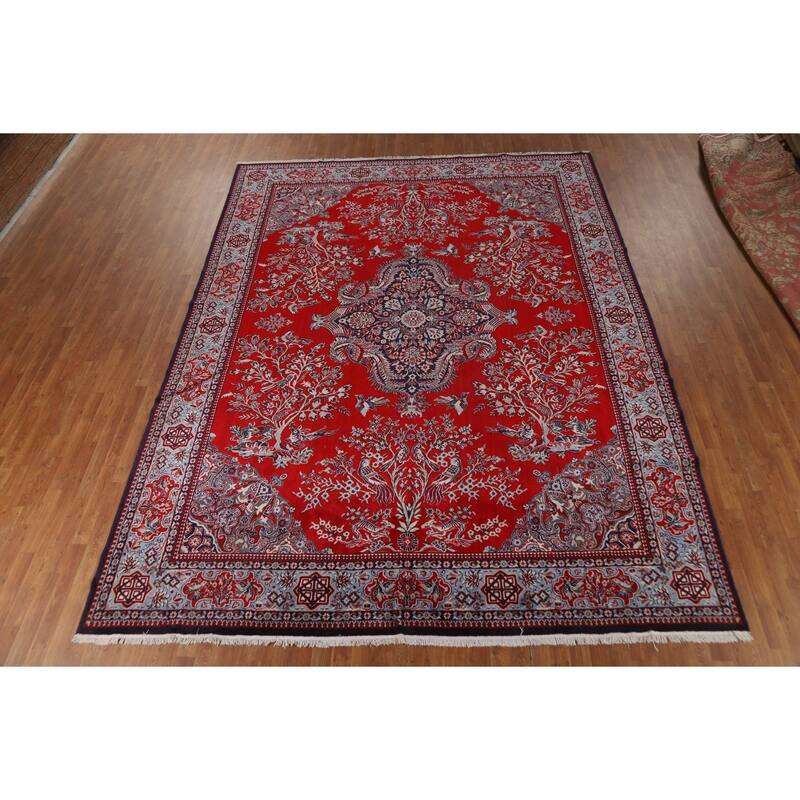 Machine Made Oriental Polyester Carpet Traditional Floral Red Kashan Area Rug - 12' 7'' X 9' 8''