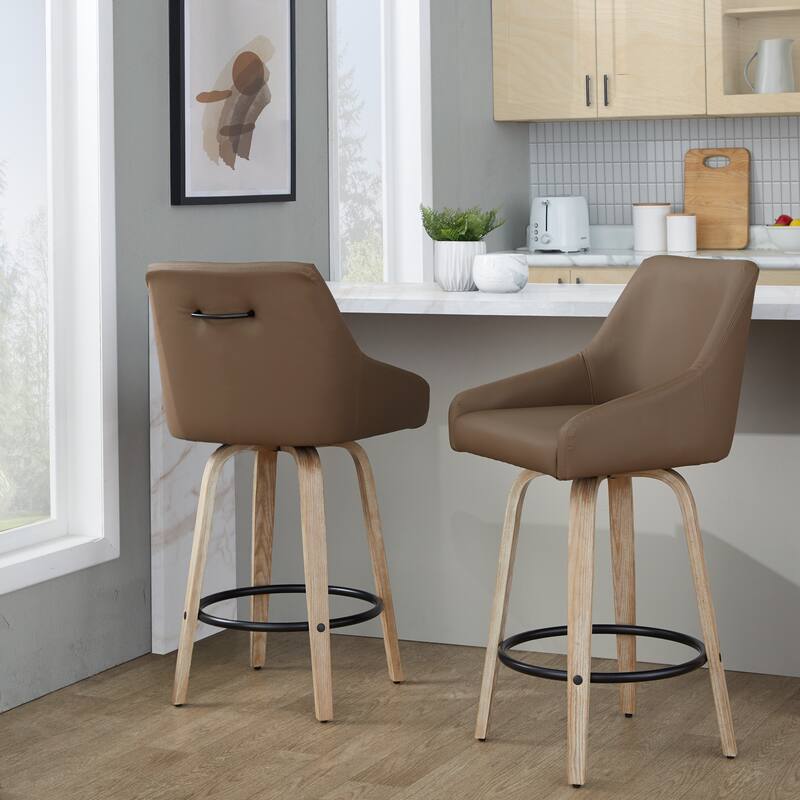 The Gray Barn Hadley 26" Fixed-Height Upholstered Counter Stool with Bent Wood Legs & Round Footrest (Set of 2)