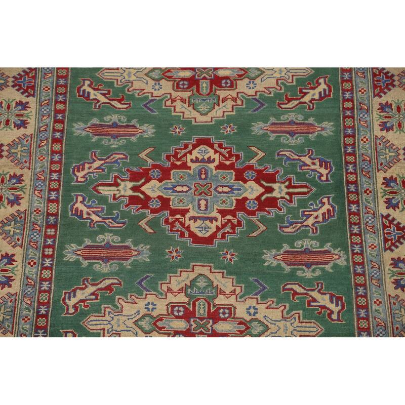 Green Geometric Kazak Area Rug Hand-Knotted Wool Carpet - 4'11" x 6'1"