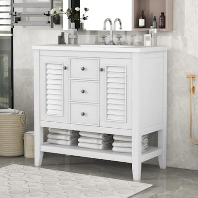 36-In Bathroom Vanity with Solid Ceramic Sink Top,Eco-friendly Painted Finish,Scratch Resistant Vanity,2 Colors
