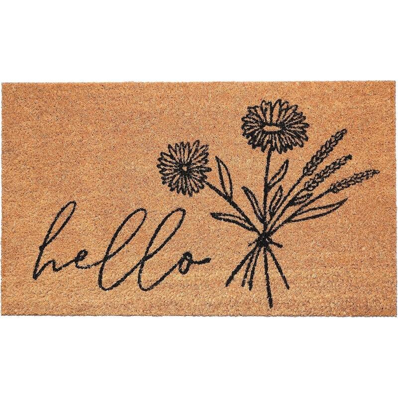 HomeRoots 30" X 48" Brown And Black Floral Hello Outdoor Coir Door Mat - 30.00' X '48.00