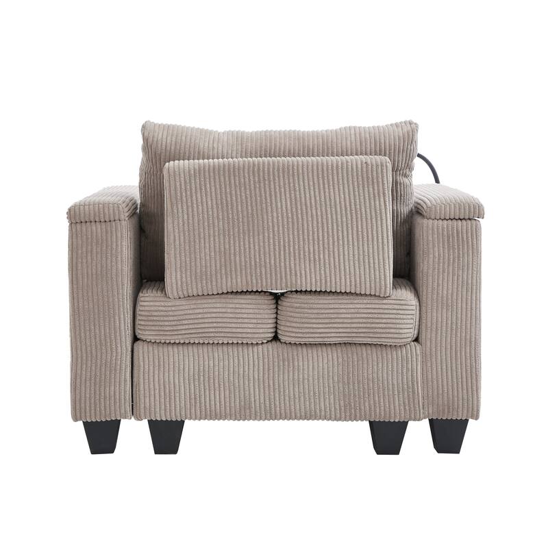 Convertible Sleeper Sofa Chaise Lounge with Movable Backrest, Corduroy Reading Chair with USB Ports, Cup Holders & Phone Holder