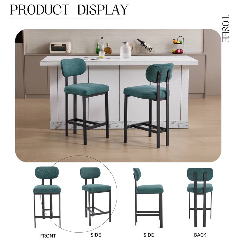 Bar Stools Set of 2, 26 inch Modern Upholstered Fabric Counter Height Barstools, Kitchen Island Chairs for Dining Room