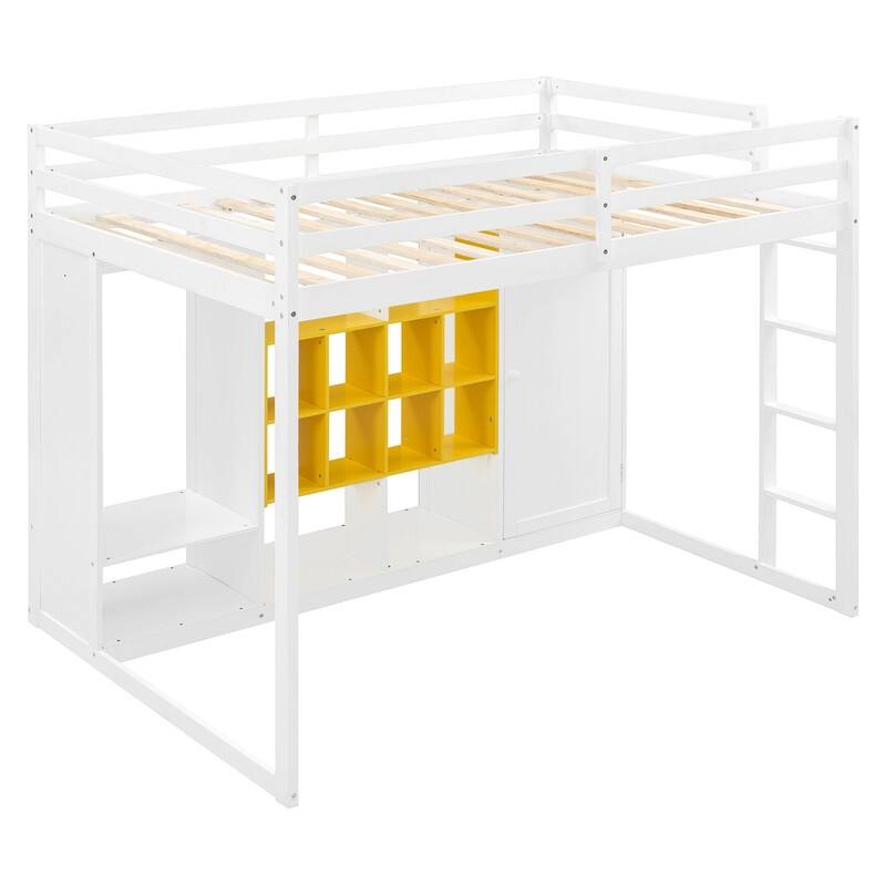 Twin/Full Size Loft Bed with Wardrobe and Cabinet, Wooden Loft Bedframe with Storage Shelves, Ladder and Guardrail for Kids