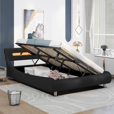 Low Profile Upholstered Platform Bed with LED Headboard for Kids, Teens, Bedroom, Guest Room Furniture, No Box Spring Needed