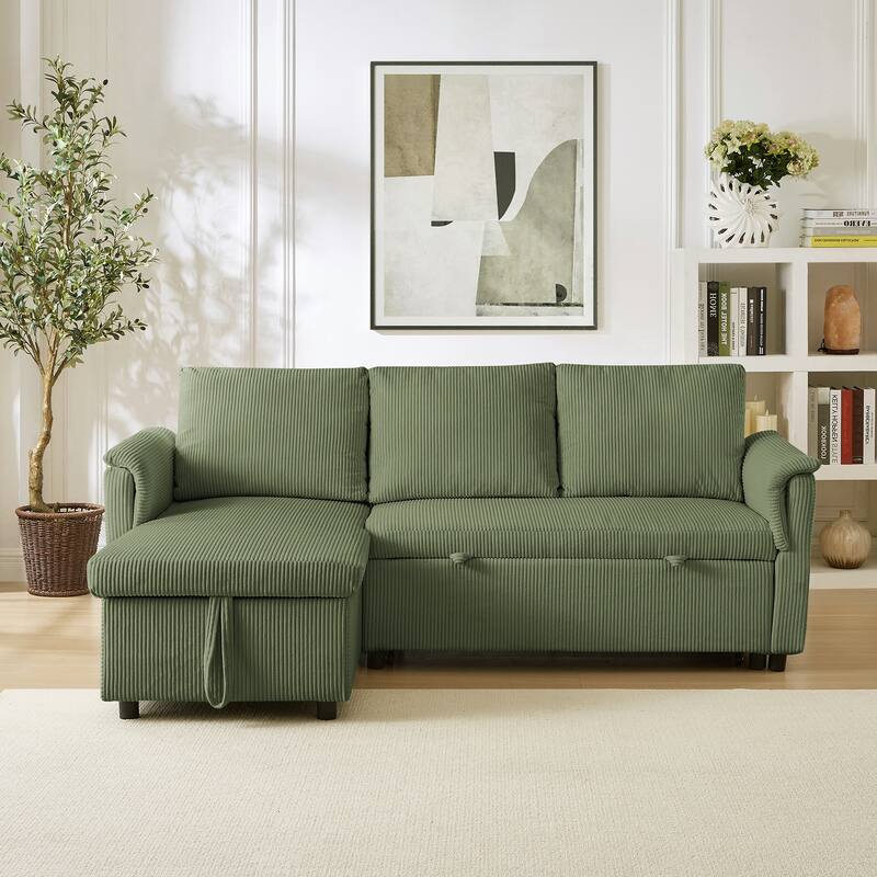 Convertible Corduroy Modular Loveseat Pull-Out Sleeper with Storage Chaise and Reclining Backrest for Living Room