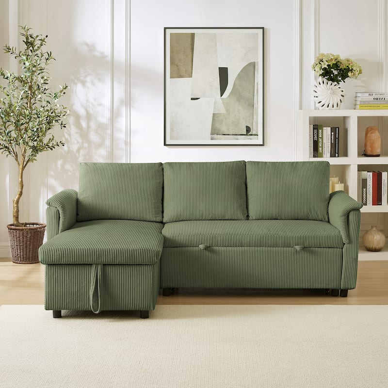 Pull-out Daybed L-Shaped Loveseat Sofa with Storage Chaise Lounge Convertible Sleeper Sofa Bed Tufted Upholstered Reclining