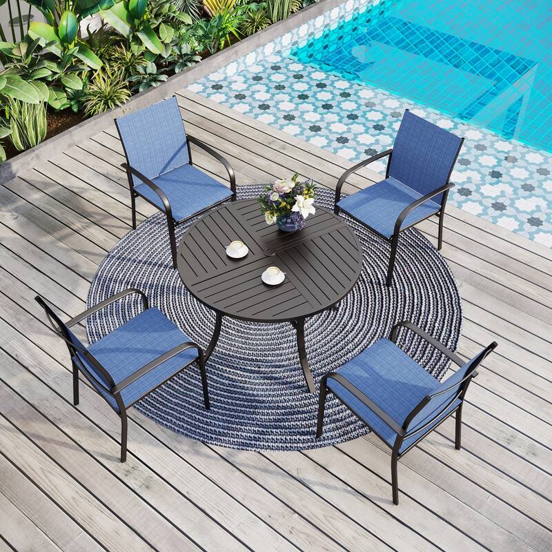 MAISON ARTS 5-Piece Patio Dining Set, Geometrically Stamped Round Table and 4 Textilene Dining Chairs - Blue Chairs