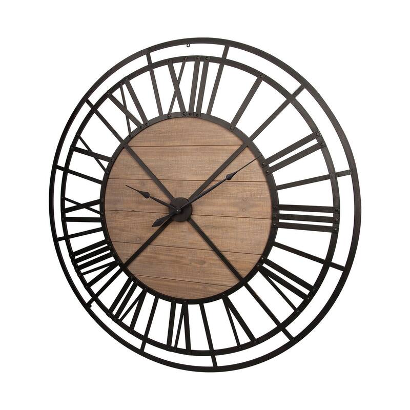 HomeRoots 59" Black And Brown Metal and Solid Wood Skeleton Circle Wall Clock - 3
