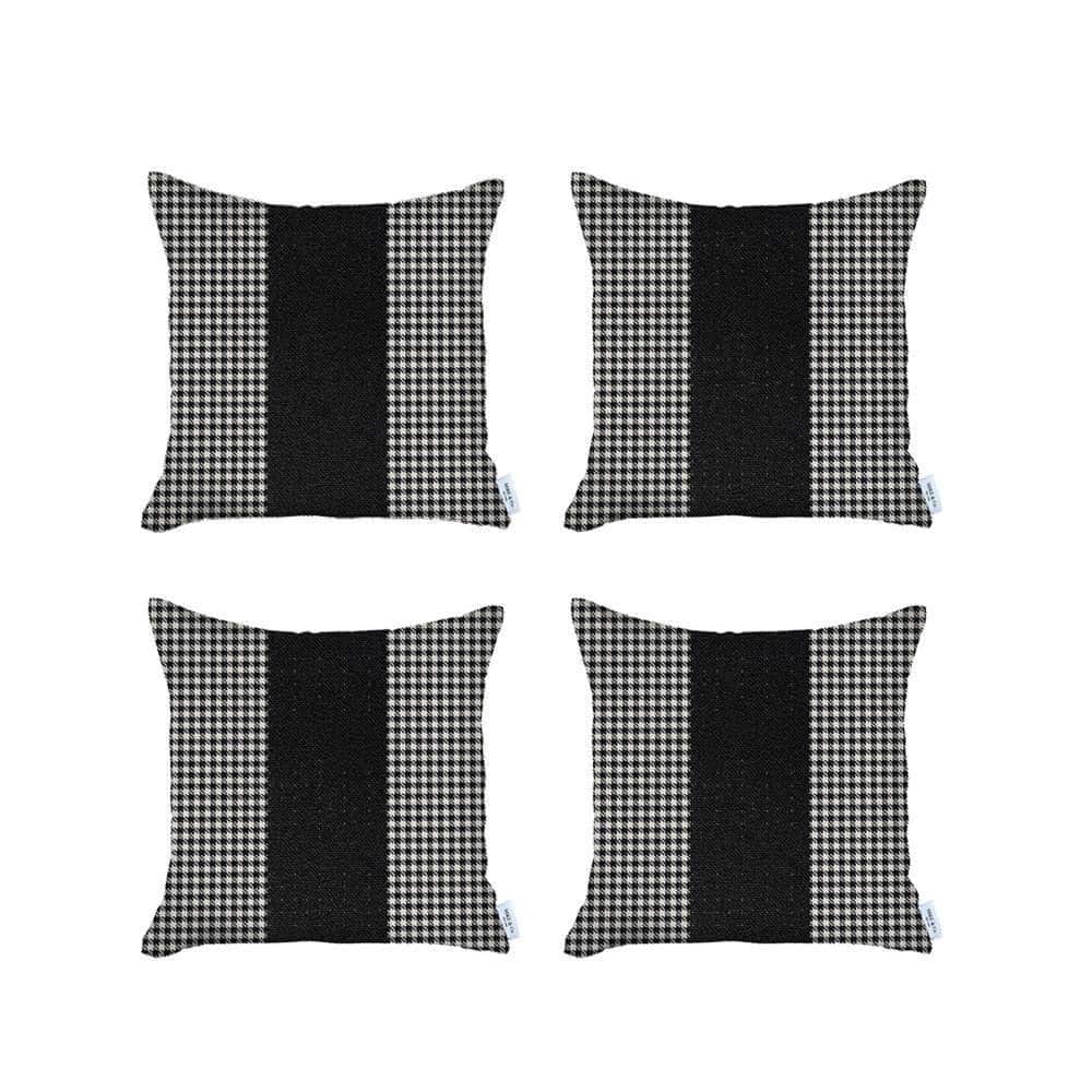 HomeRoots Set Of Four 18" X 18" White And Black Houndstooth Zippered Handmade Polyester Throw Pillow