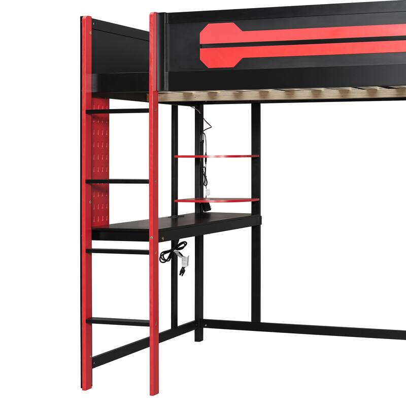 Full Size Gaming Loft Bed with Desk & Wardrobe, Wooden Storage Bed with RGB LED Lighting, Charging Station