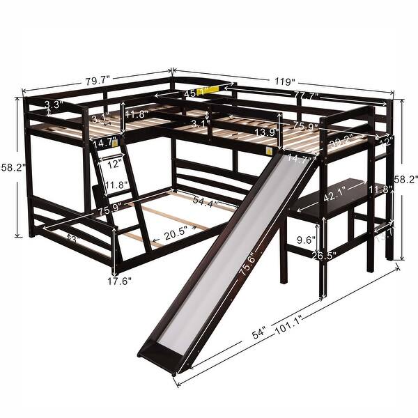 Espresso Twin Over Full Solid Pine Bunk Bed with Loft Bed, Desk, Slide