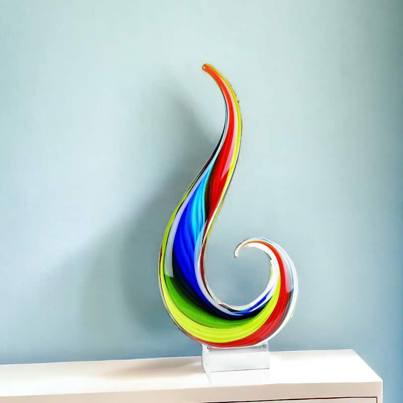 HomeRoots 12" Clear Red Blue Yellow Murano Glass Modern Abstract Tabletop Sculpture